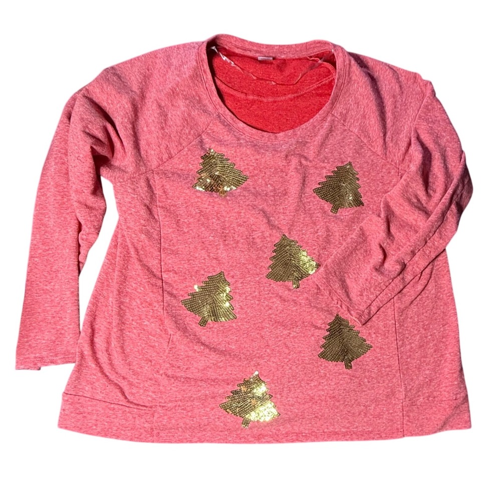 Holiday Time Christmas Tree Sequin Long Sleeve Top Red Size 1X